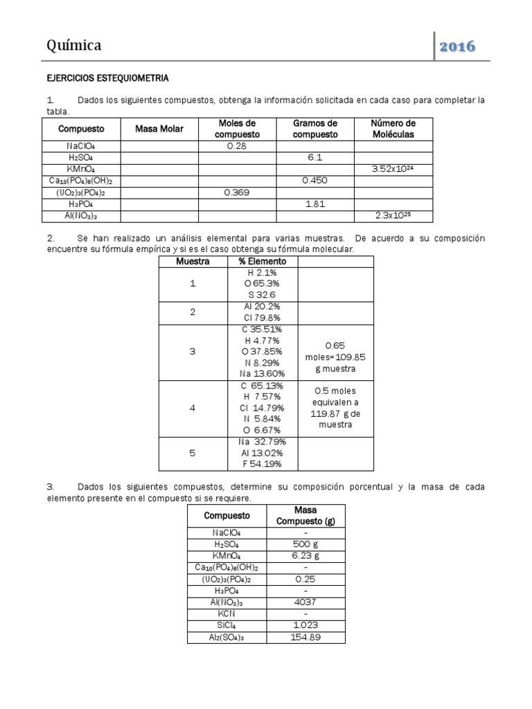 Ejercicios Curso Quimica | PDF | Gases | Mole (Unidad)