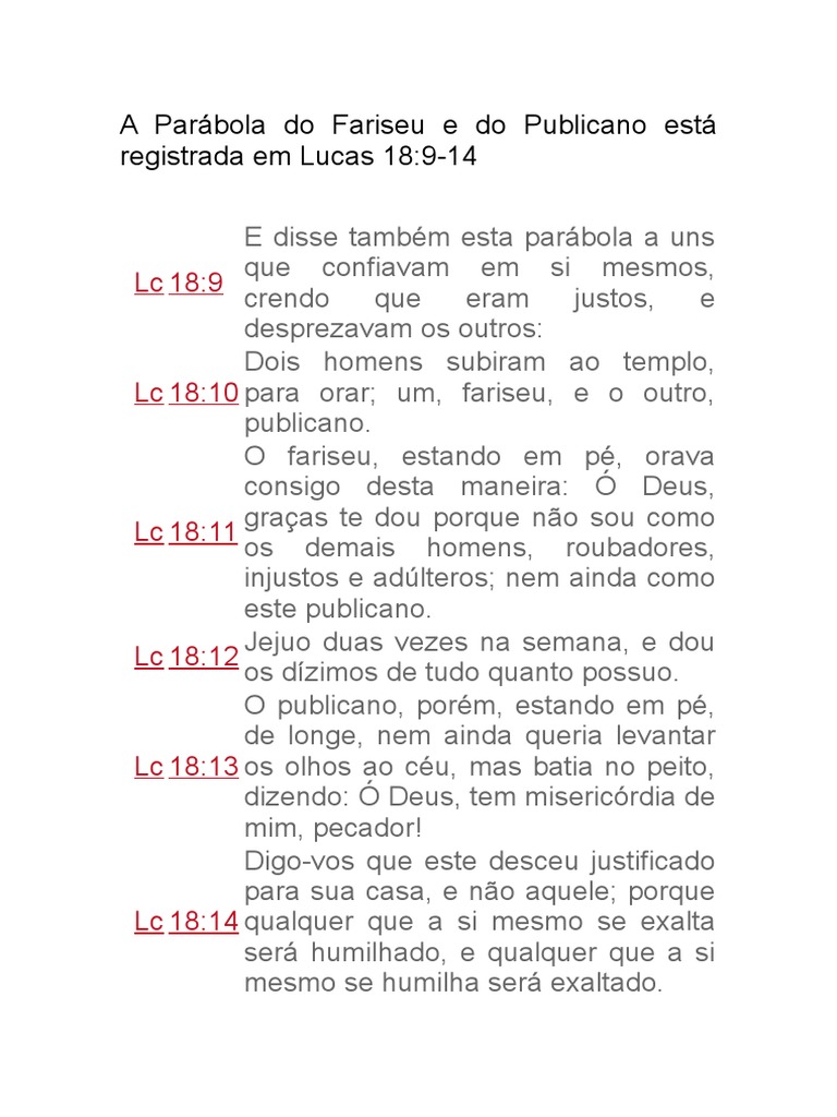 A Parábola Do Fariseu e Do Publicano Está Registrada em Lucas 18 PDF O Reino de Deus Oração
