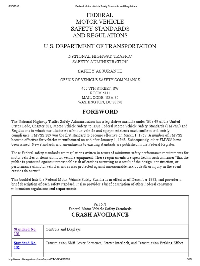 Federal Motor Vehicle Safety Standards and Regulations Automobile