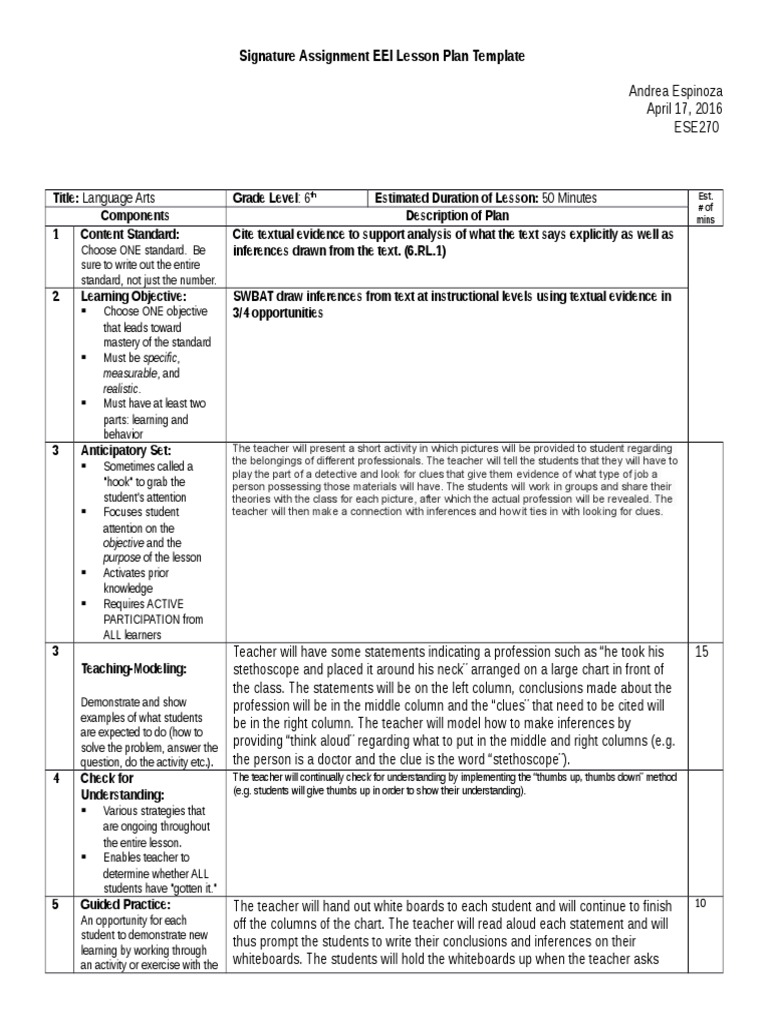 6th Grade Language Arts Lesson Plan | PDF | Educational Assessment ...