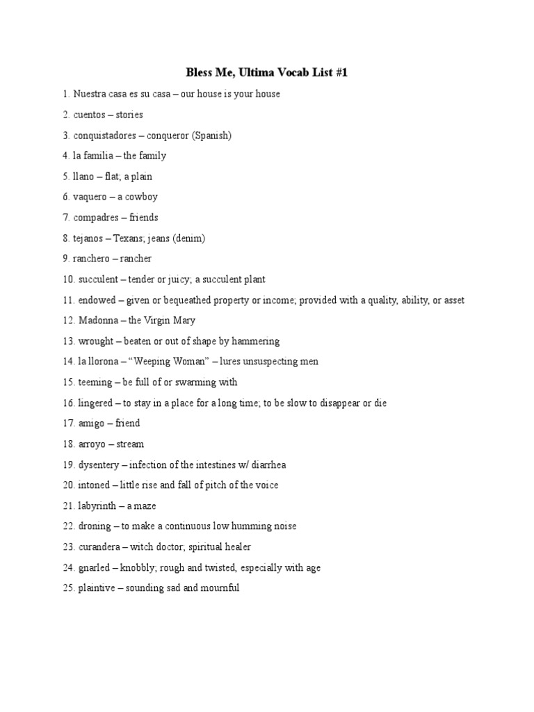 Bless Me Ultima Vocabulary PDF