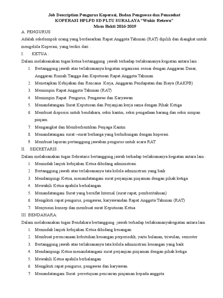 Job Description Pengurus Koperasi