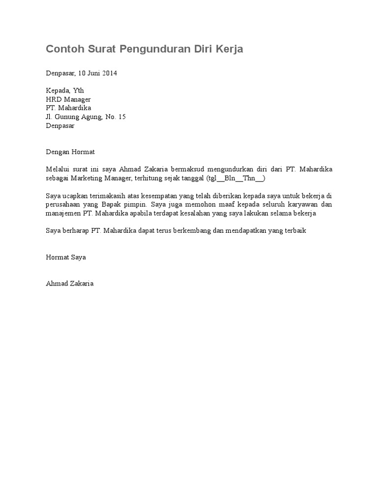 Contoh Surat Pengunduran Diri Kerja