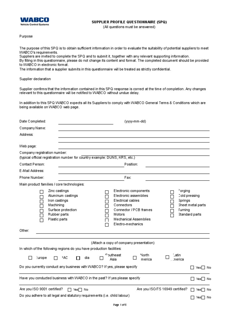 Supplier Profile Questionnaire (SPQ) | PDF | Balance Sheet | Industries