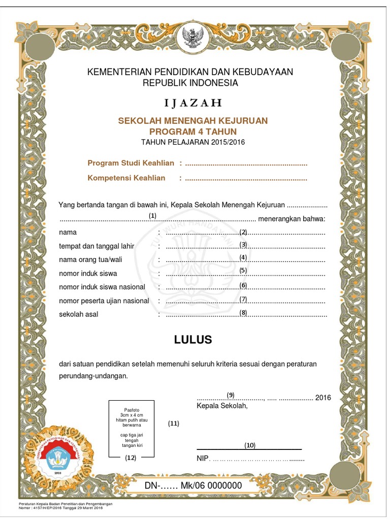4 Lampiran Contoh Pengisian Blangko Ijazah SMK Sederajat