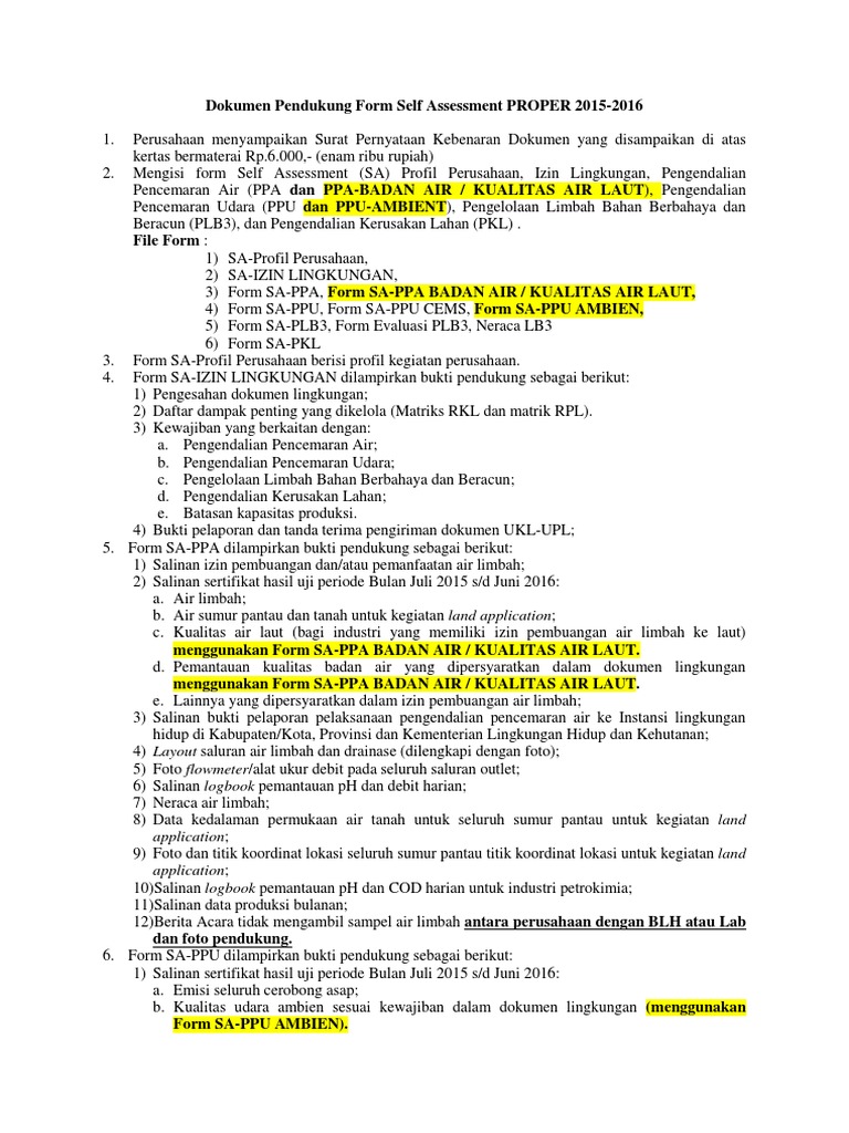 Formulir Self Assessment PROPER 2015-2016 | PDF
