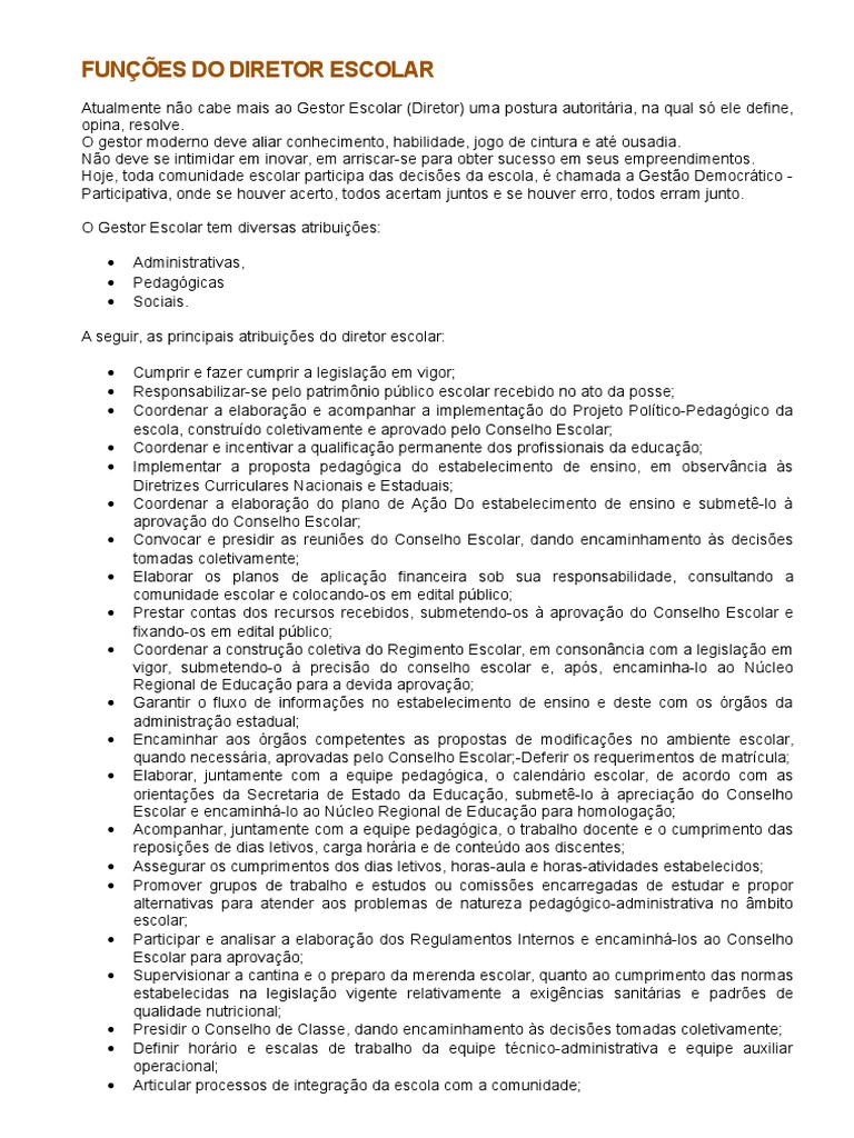 Atribuições do Diretor Escolar | PDF | Lei das Obrigações | Escolas