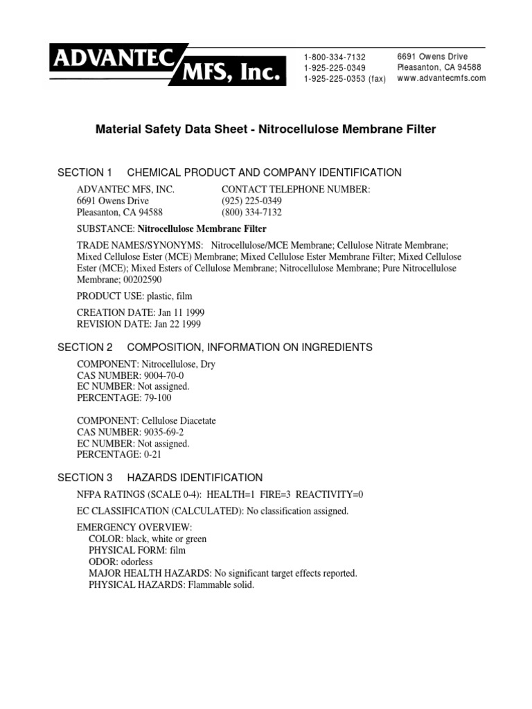 Material Safety Data Sheet Nitrocellulose Membrane Filter PDF PDF
