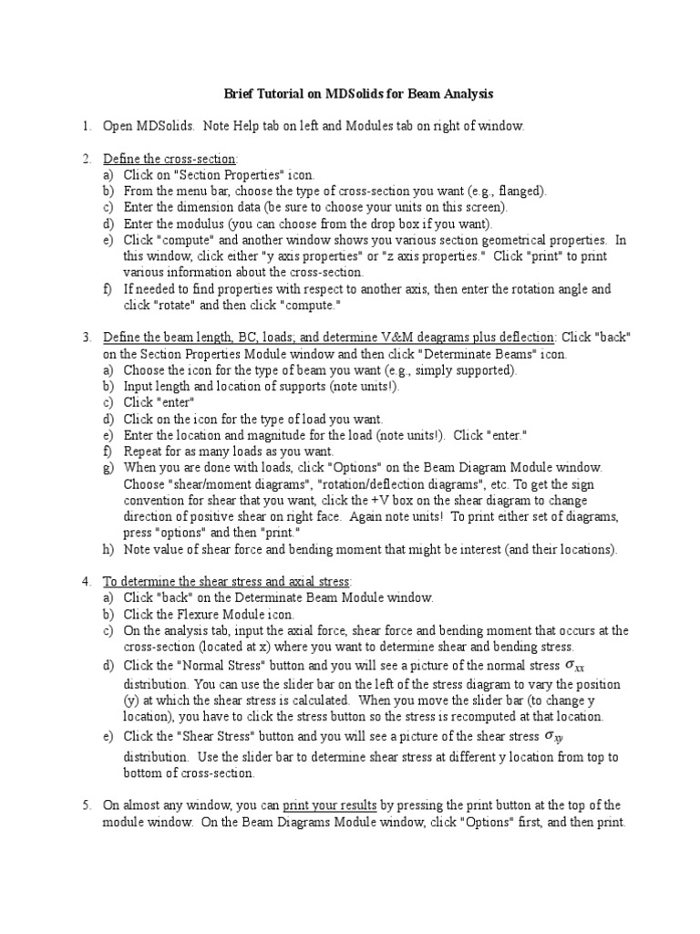 Brief Tutorial On Mdsolids For Beam Analysis Pdf Computers