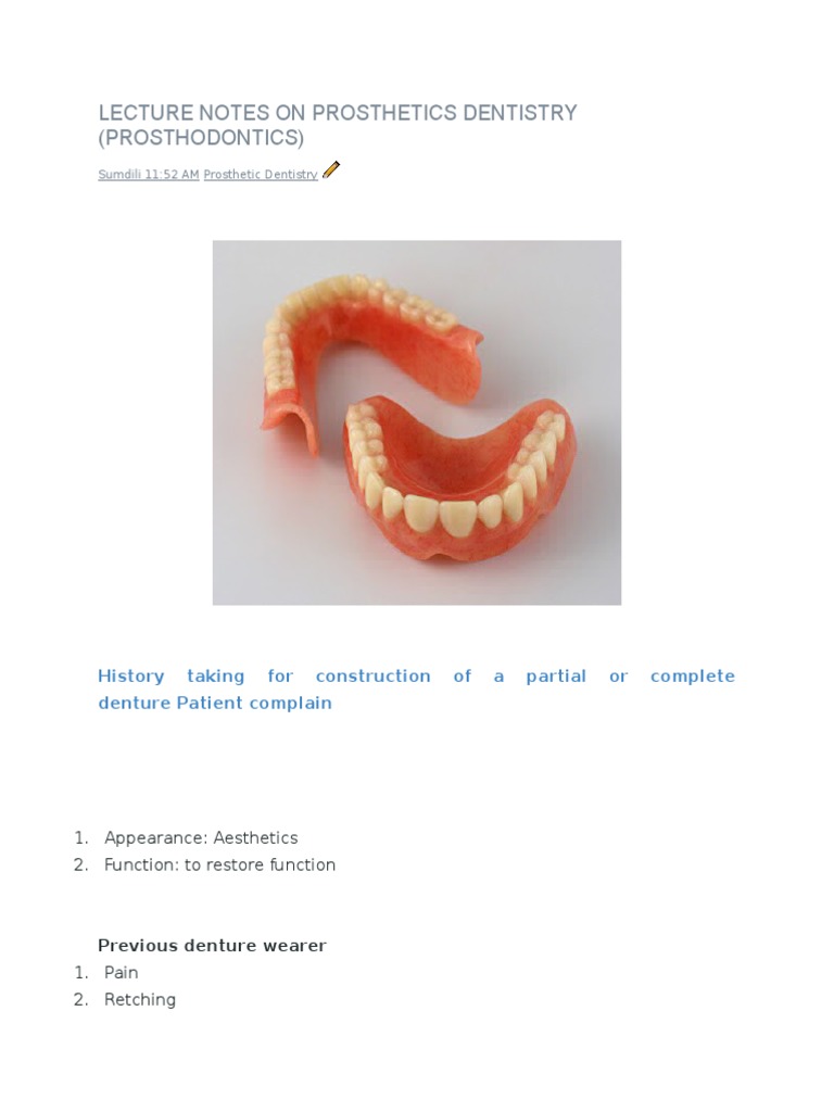 Lecture Notes On Prosthetics Dentistry | PDF | Dentures | Dentistry