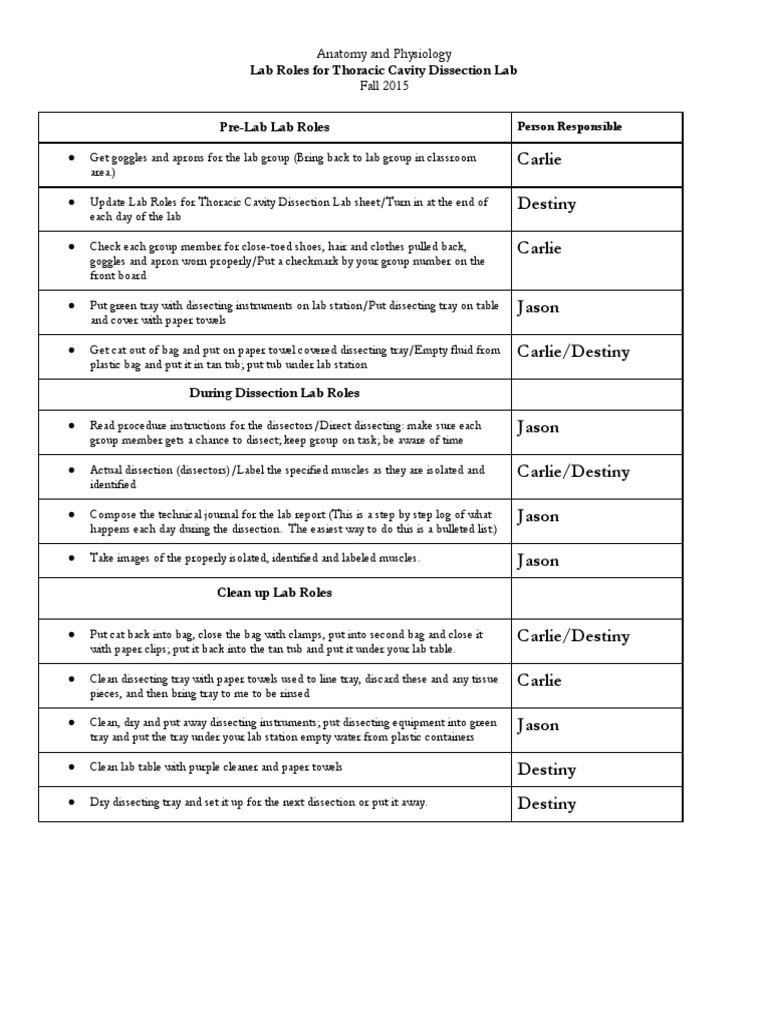 Thoracic Cavity Dissection Lab Roles | PDF