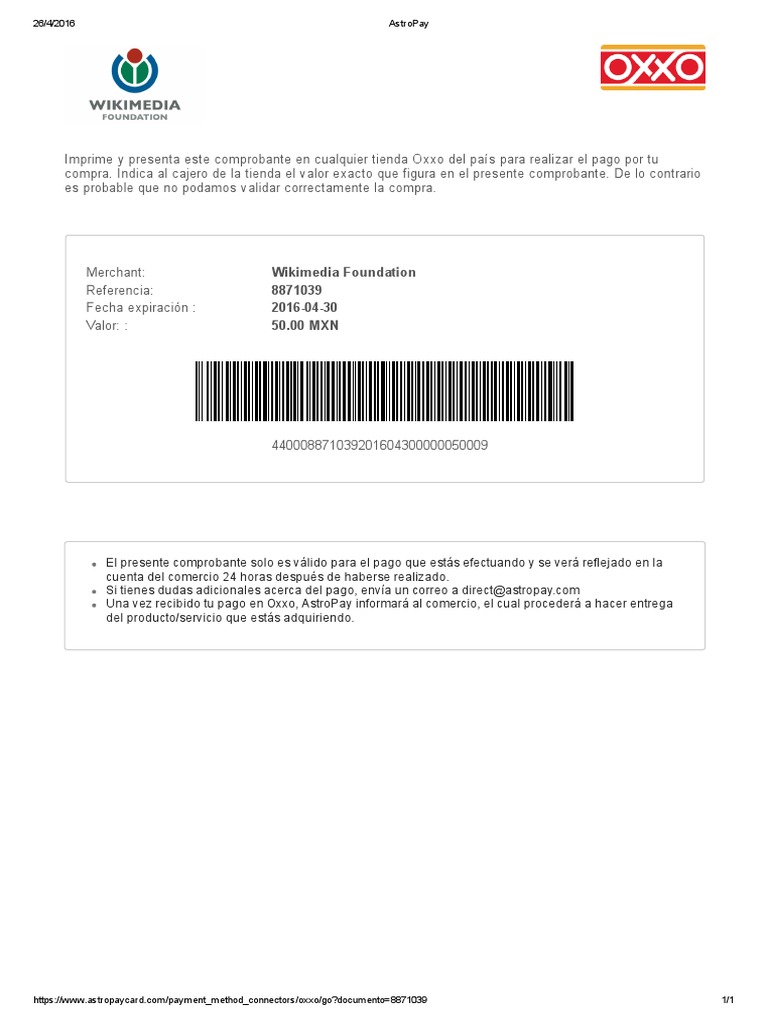 Pago Oxxo con AstroPay para Wikimedia | PDF | Finanzas y dinero