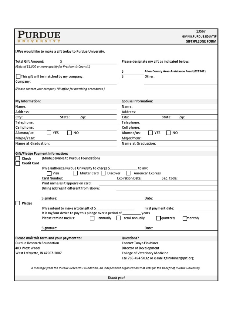 Purdue University Gift/Pledge Form | PDF | Career & Growth