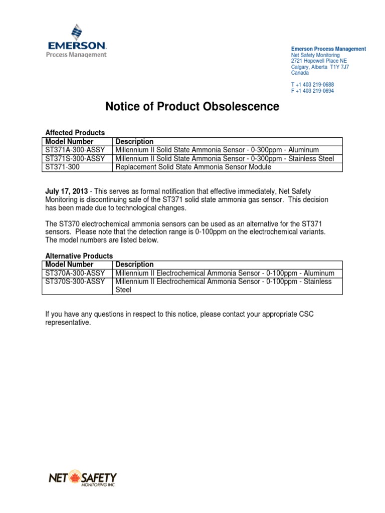 Notice of ST371 Ammonia Sensor Discontinuation | PDF | Technology ...