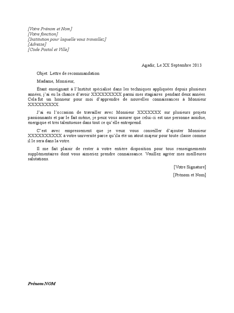 Lettre De Recommandation Pdf