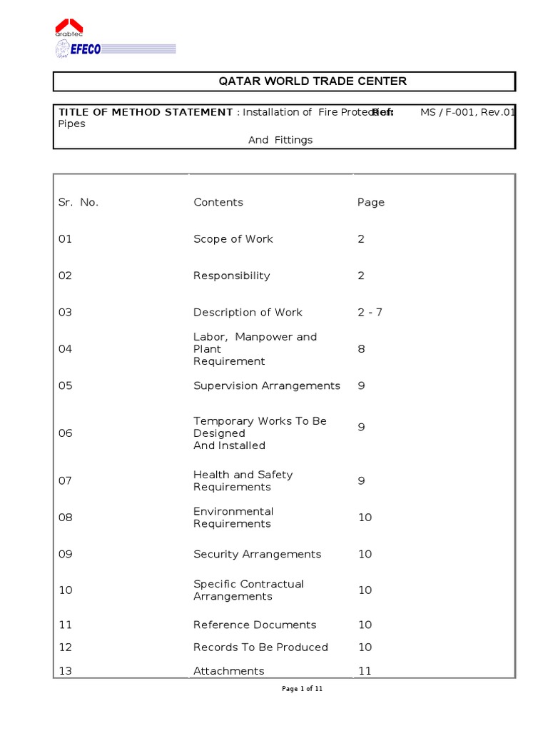 Fire Protection Pipes Method Statement PDF | PDF
