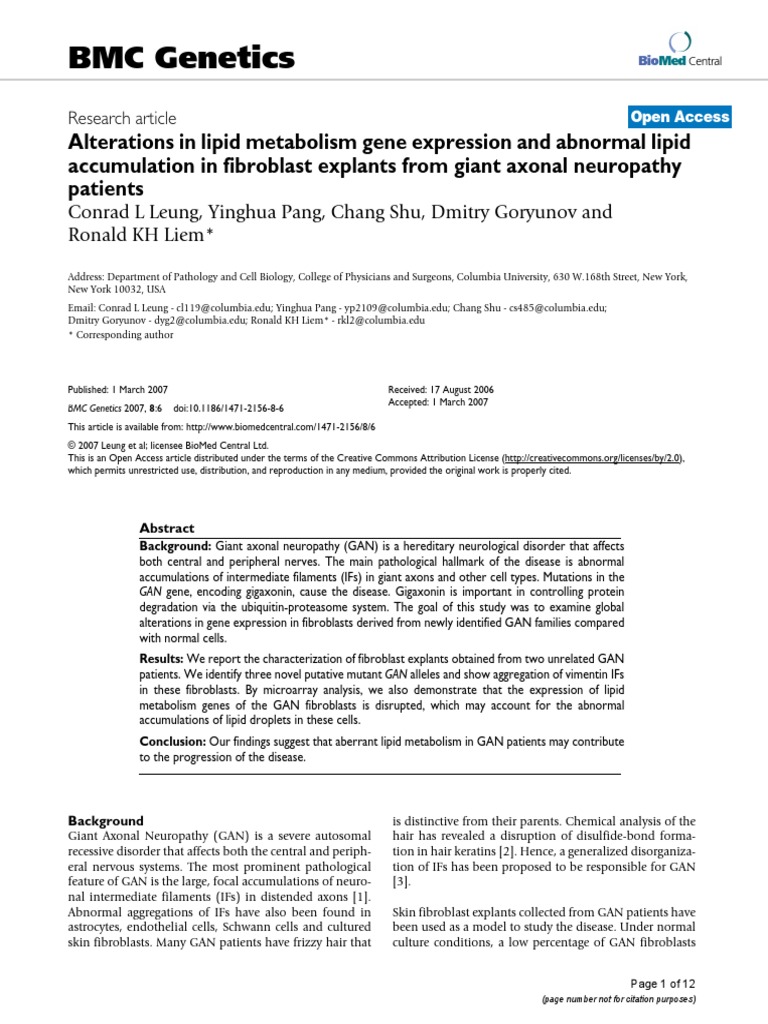 Alterations in Lipid Metabolism Gene Expression and Abnormal Lipid ...
