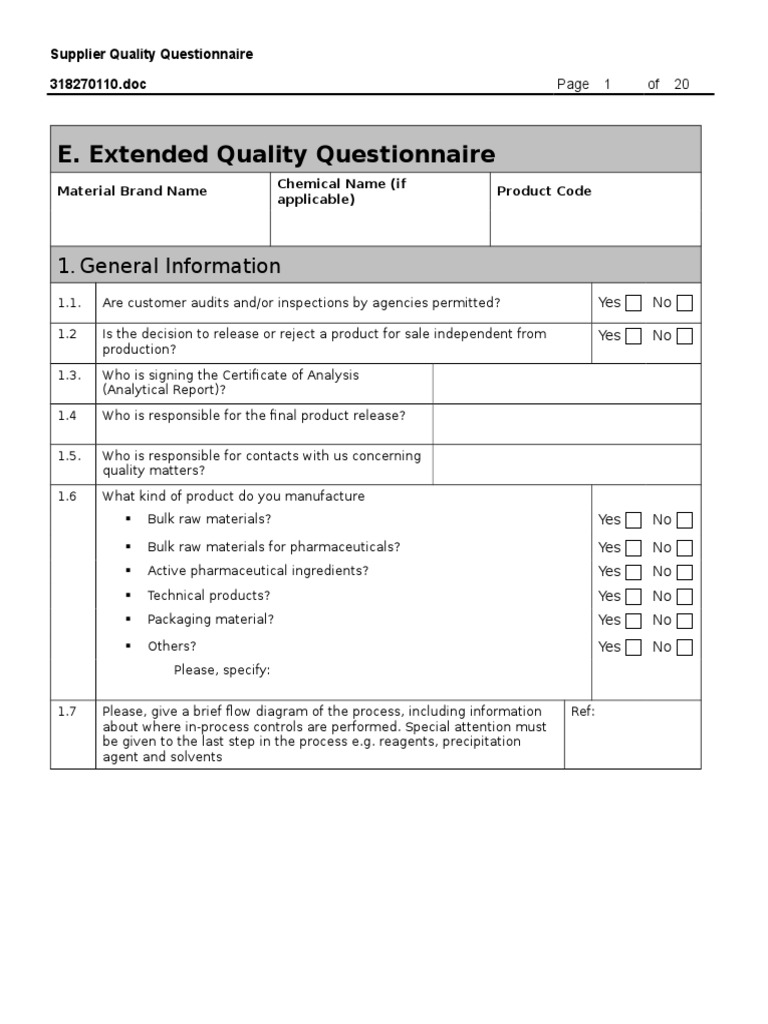 Supplier Quality Assurance Questionnaire | PDF