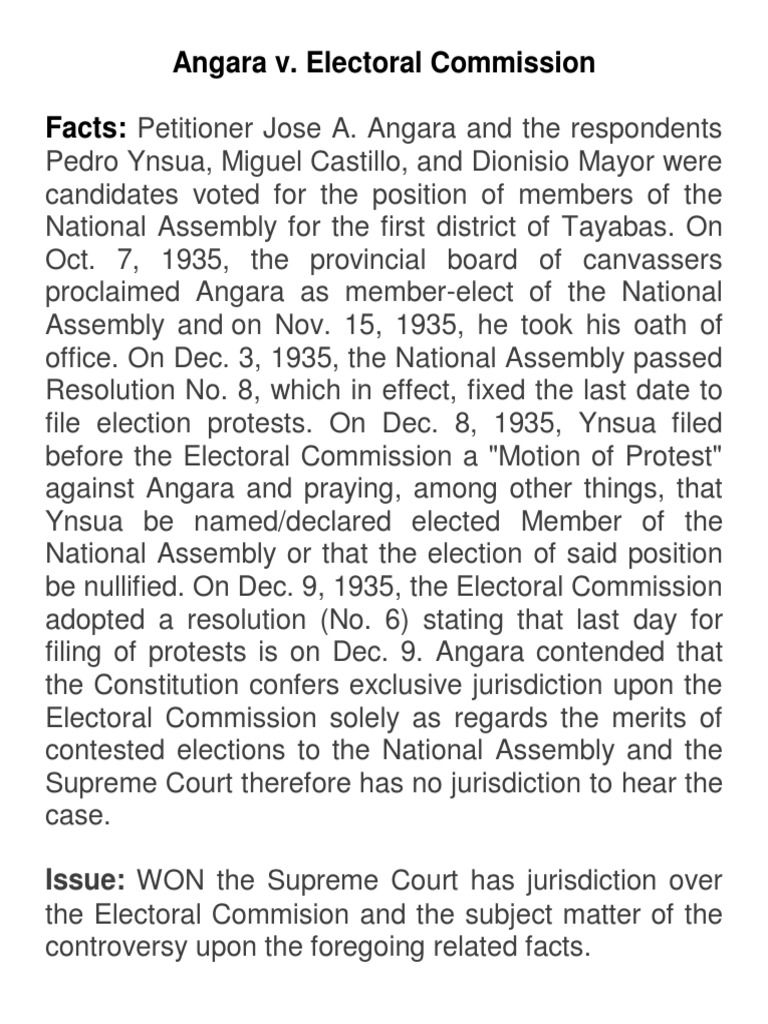Angara v. Electoral Commission Case Summary | PDF | Jurisdiction ...