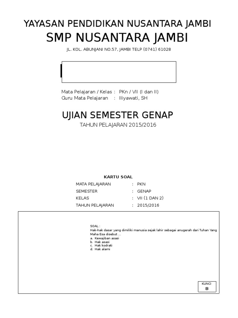 Kartu Soal PKn SMP Kelas VII
