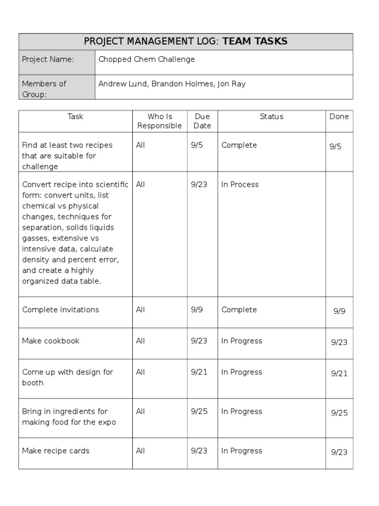 Project Management Log: Team Tasks | PDF