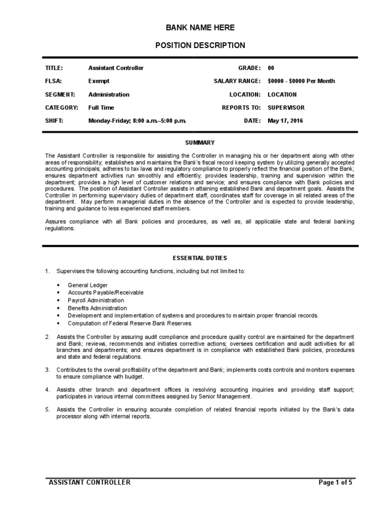 Assistant Controller Template | PDF | Regulatory Compliance | Banks