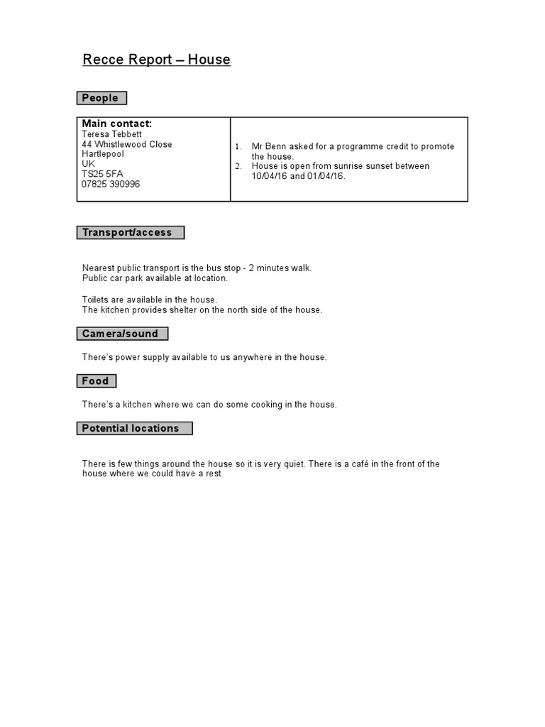Recce Report: House and Park Locations | PDF