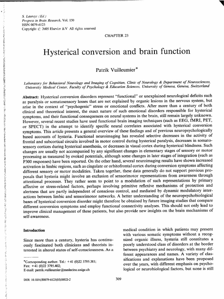 Hysterical Conversion and Brain Function PDF Mental Disorder Brain