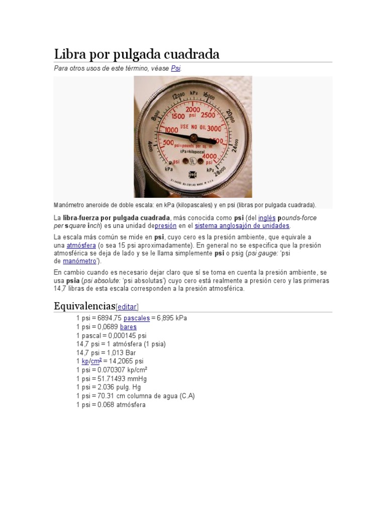 Libra Por Pulgada Cuadrada Libras por pulgada cuadrada Presión