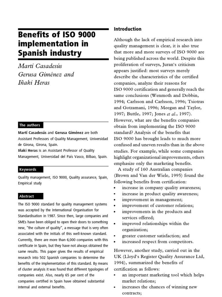 Benefits of ISO 9000 in Spanish Industry | PDF | Iso 9000 | Quality ...