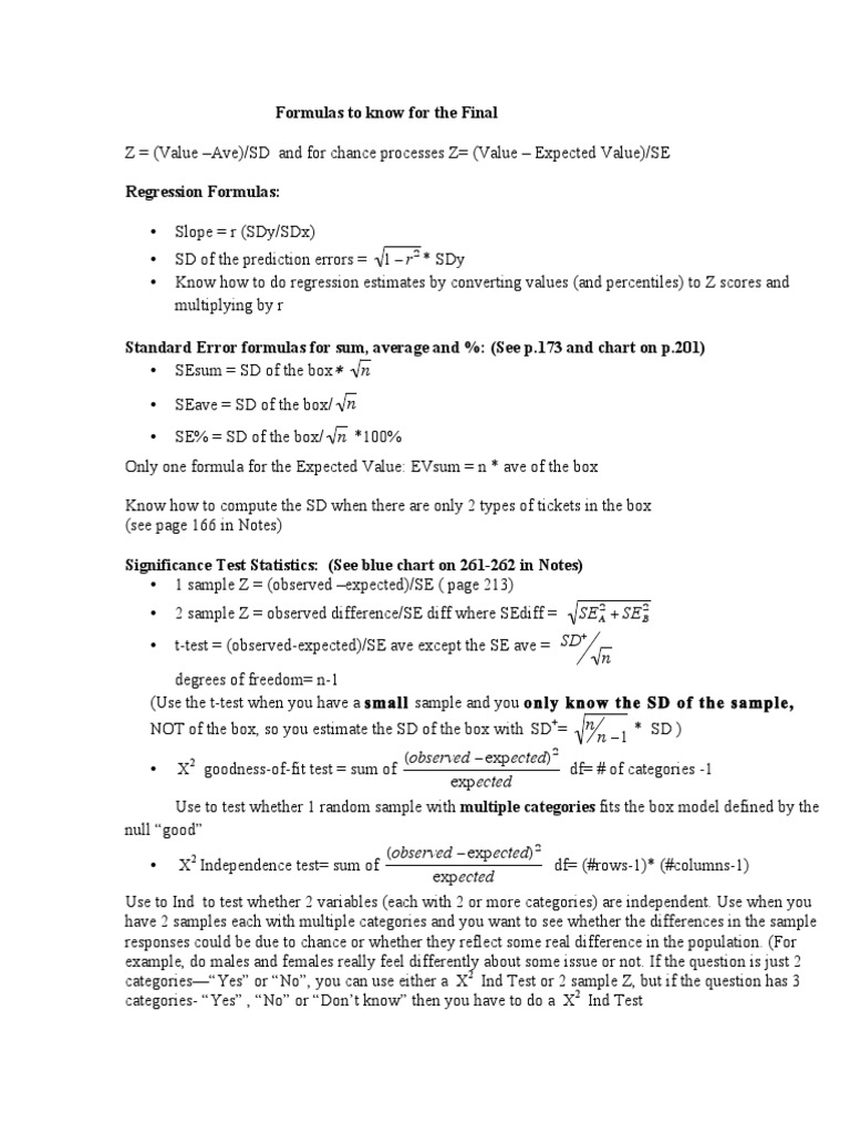 Formulas To Know For The Final: SE SD N | PDF