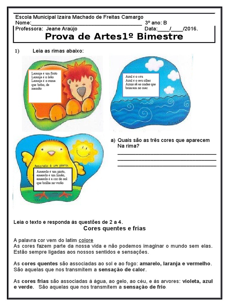 Prova de Artes - 3º Ano Fundamental | PDF | Ciências Sociais | Autoajuda