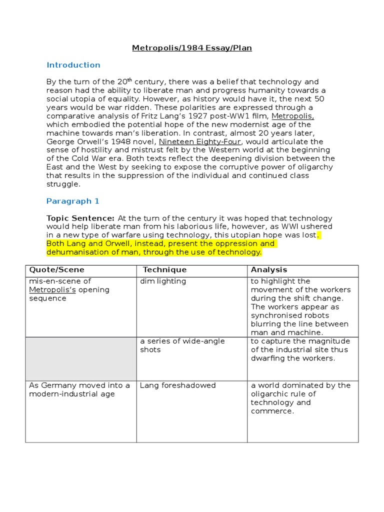 Metropolis essay plan picture