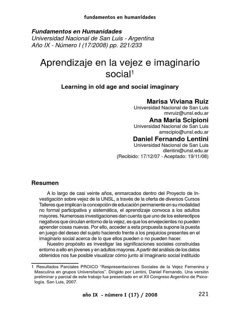 Aprendizaje y Vejez en Imaginario Social | PDF | Adultos | Vejez