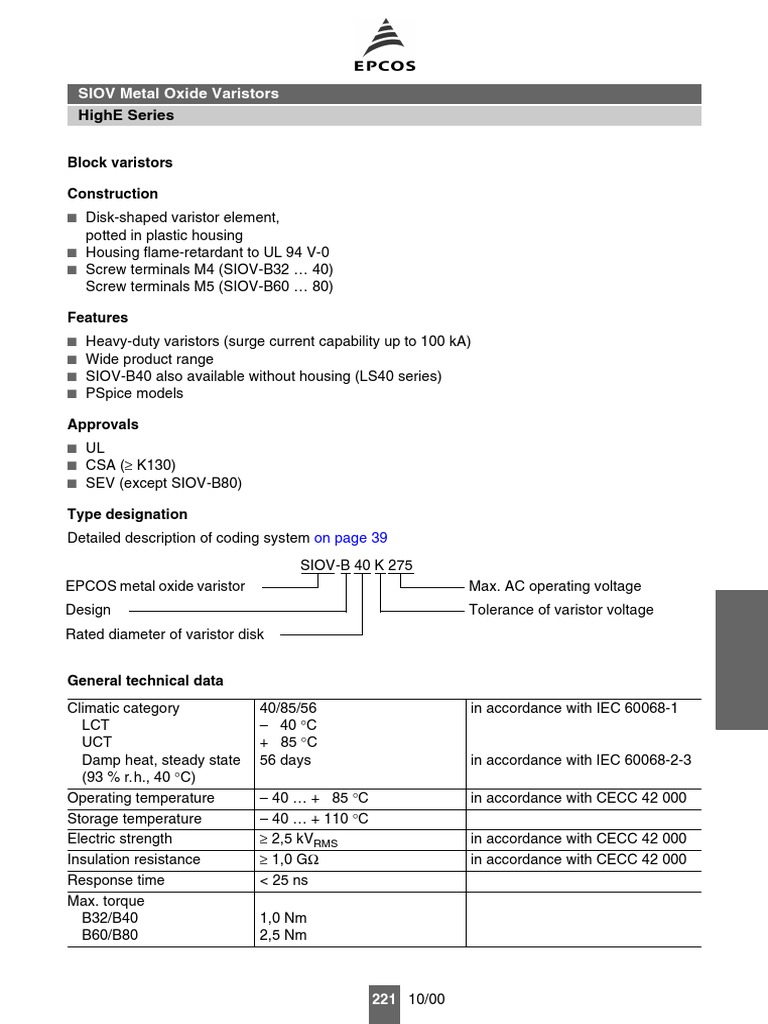 Varistores Datasheet b82422t1332kEpcos Electric Power Equipment