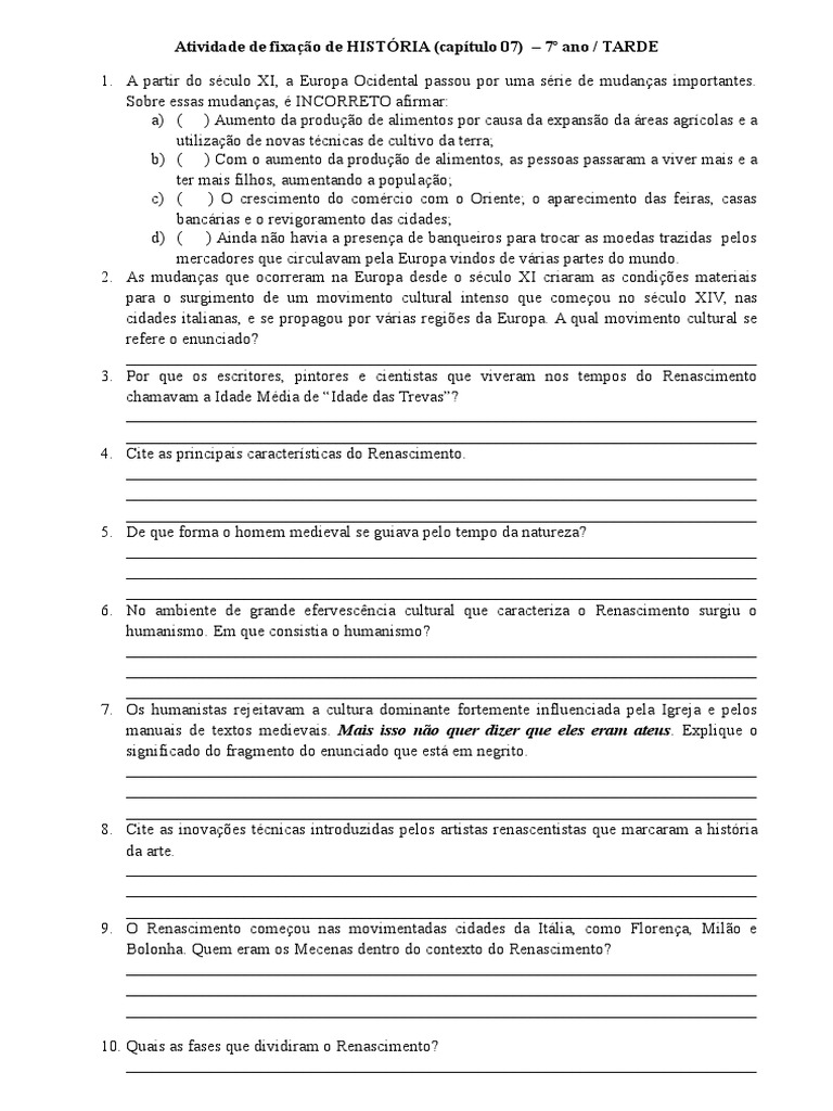 Atividade de Fixação de HISTÓRIA - 7º Ano TARDE | Renascimento | Alta ...
