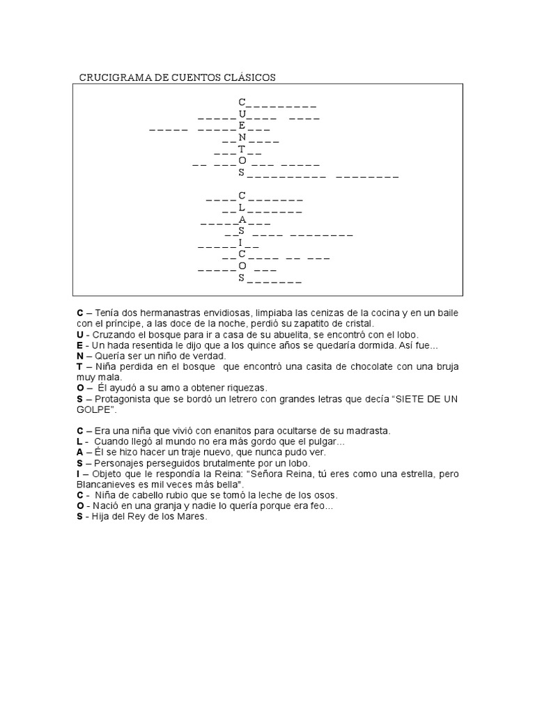 Crucigrama Cuentos Clasicos | PDF