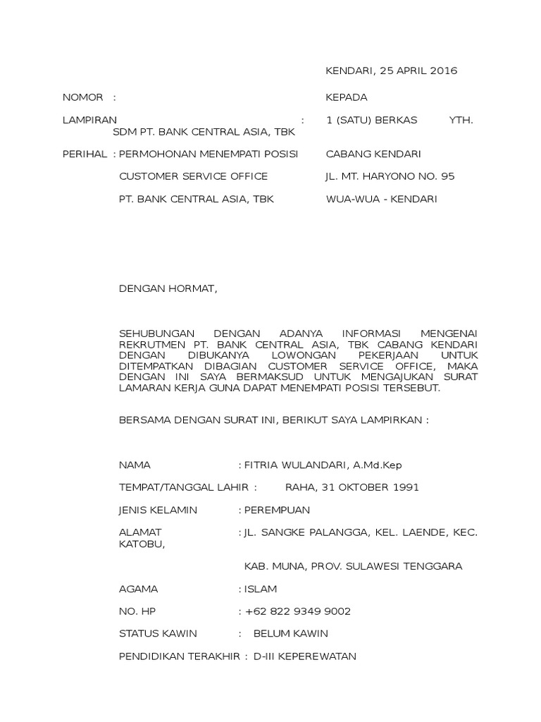 Contoh Surat Lamaran Kerja Di Bank Bca - SuratMenyurat.net