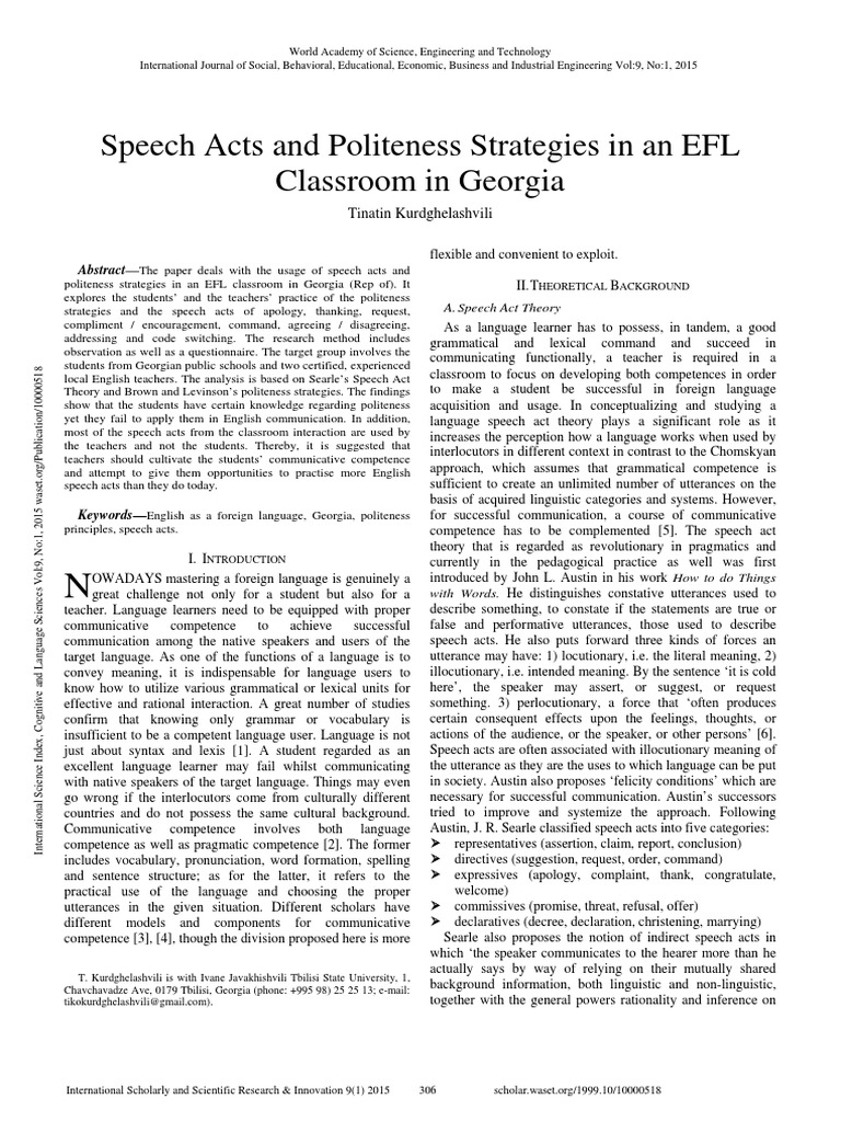 Speech Acts and Politeness Strategies in An EFL Classroom in Georgia ...