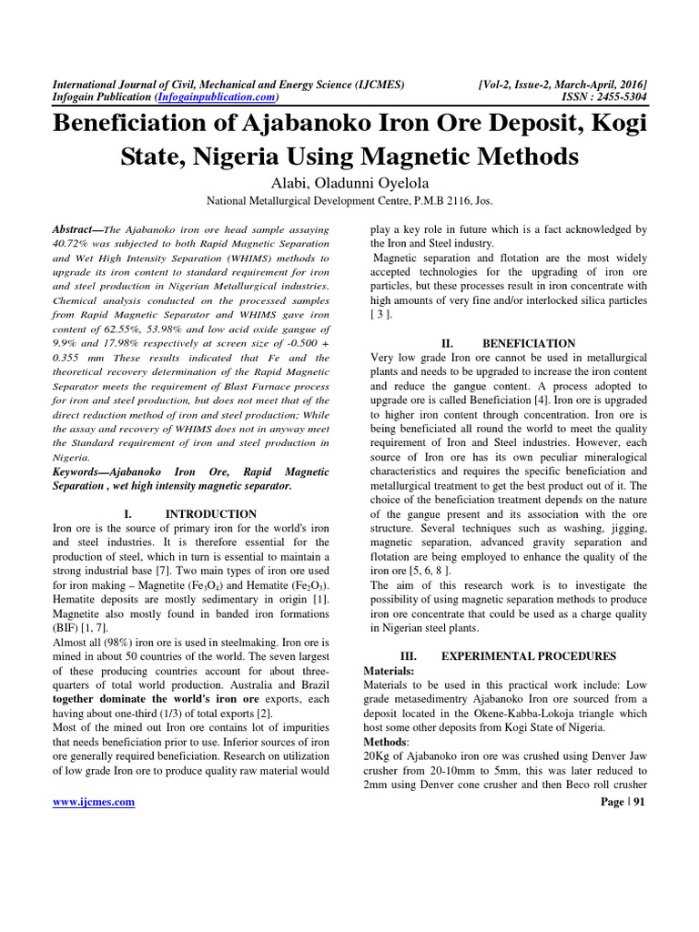 Beneficiation of Ajabanoko Iron Ore Deposit, Kogi State, Nigeria Using