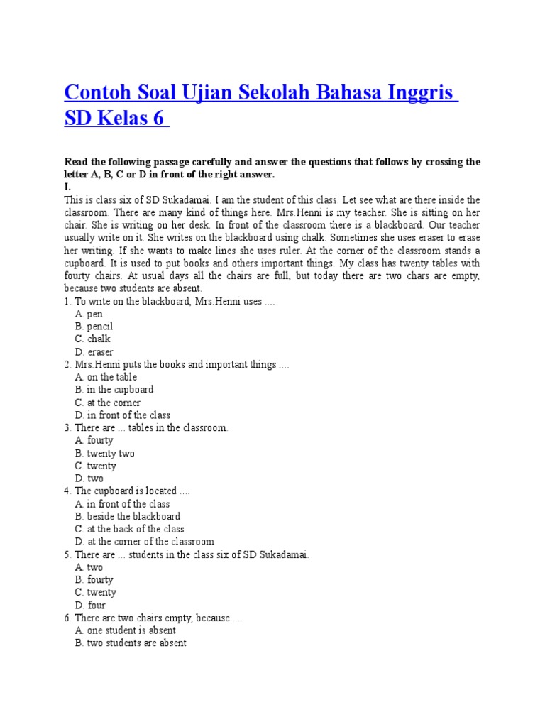 Soal Ujian Sekolah Bahasa Inggris Sd Kelas 6 Wet Season Classroom