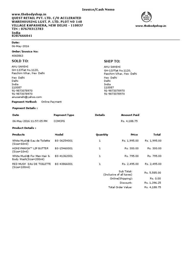 Invoice for Body Shop Purchase | PDF
