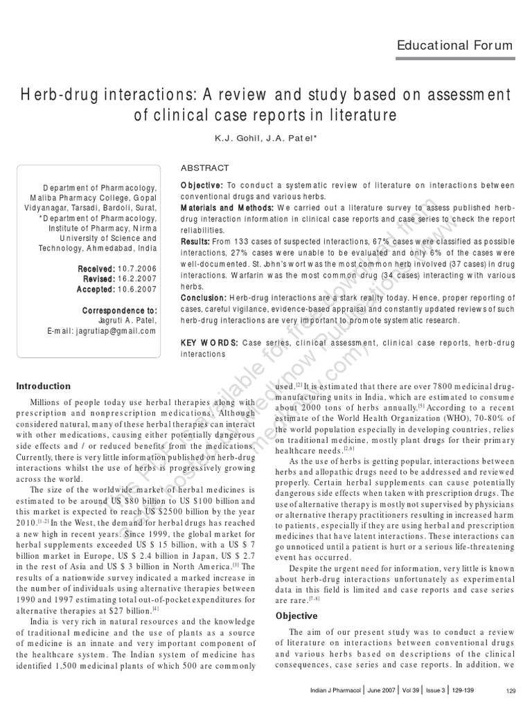 HerbDrug Interactions A Review and Study Based On Assessment of