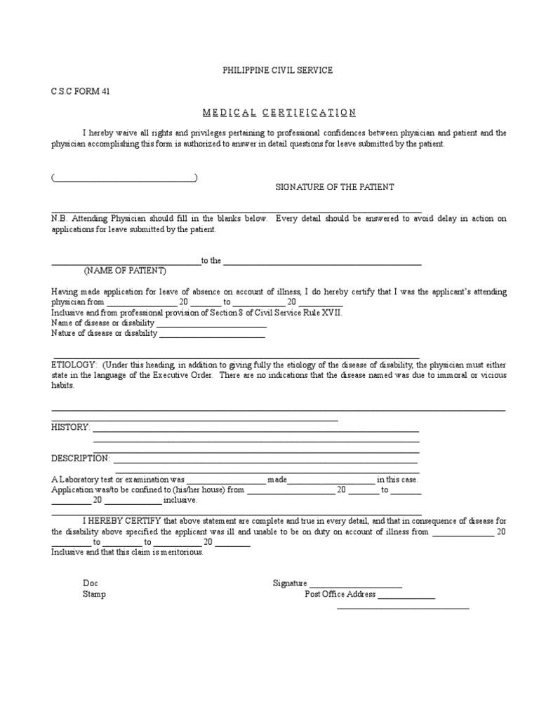 Medical Certification CS FORM 41 Health Sciences Medical