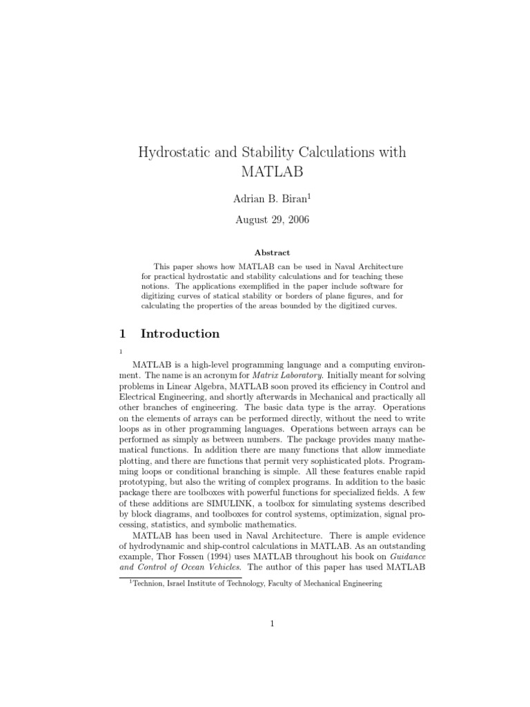 Hydro Static and Stability Calculations With MatLab | PDF | Matlab ...