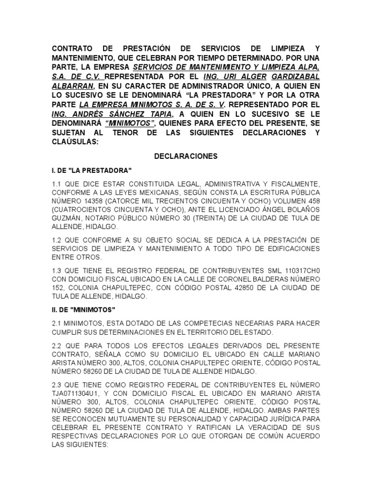 Contrato de Prestación de Servicios de Limpieza y