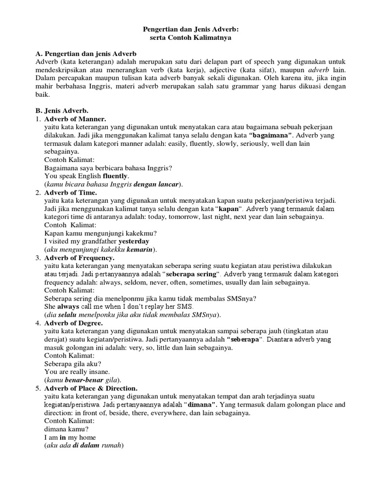Pengertian Dan Jenis Adverb Serta Contoh Kalimatnya Bahasa Indonesia Kata Keterangan