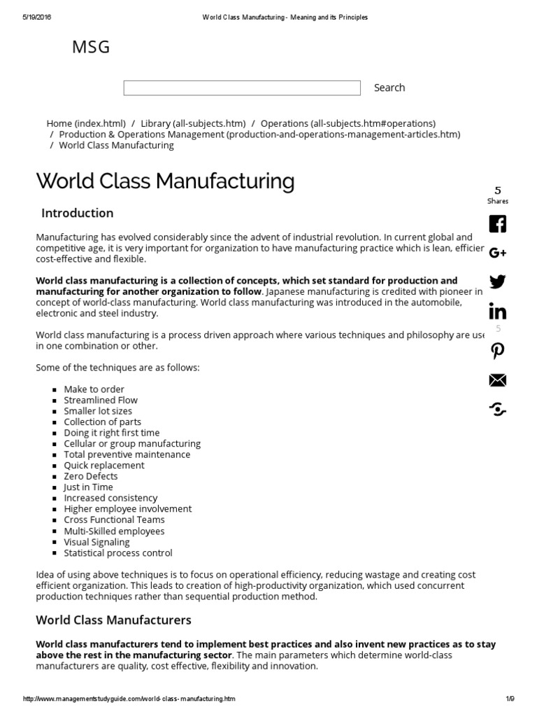 World Class Manufacturing Meaning And Its Principles Operations Management Industrial Engineering