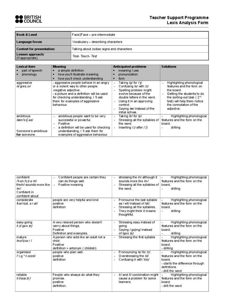 Lexis Analysis Form Obs 6 Stress (Linguistics) Symbols Free 30