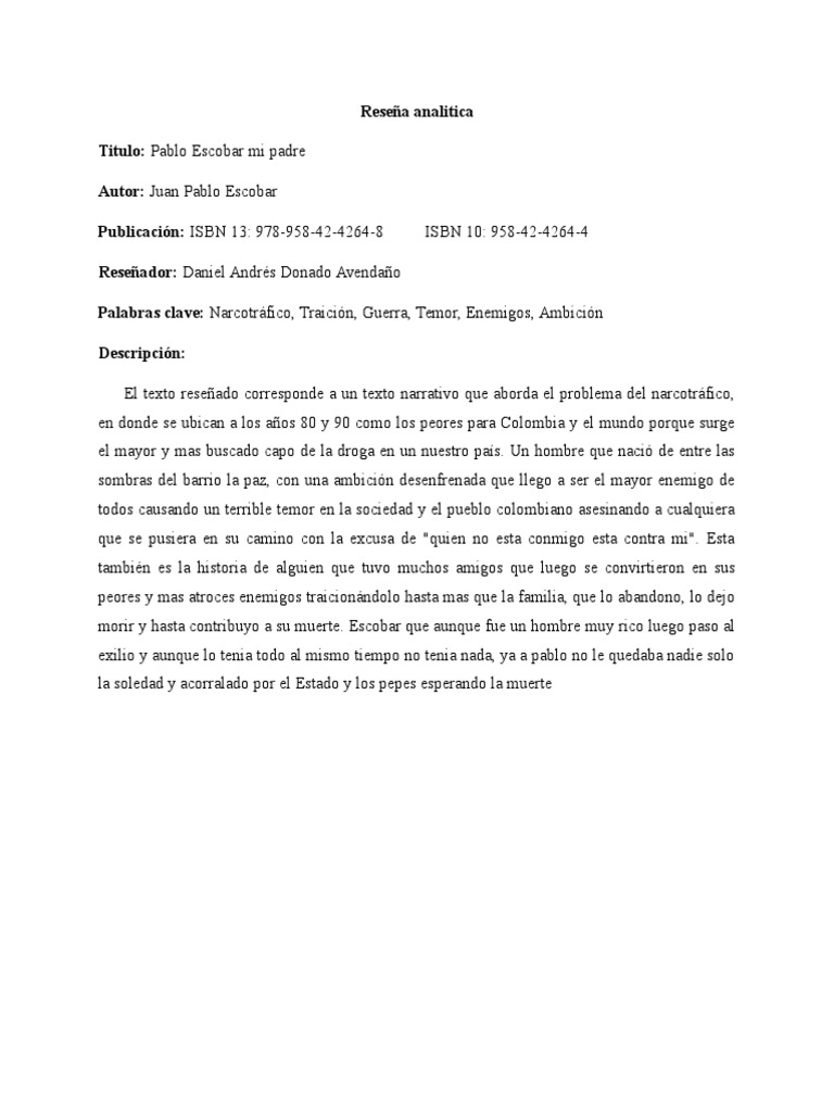 Reseña Analitica Del Libro: Pablo Escobar Mi Padre | PDF | Thriller y  crimen | Política (general)